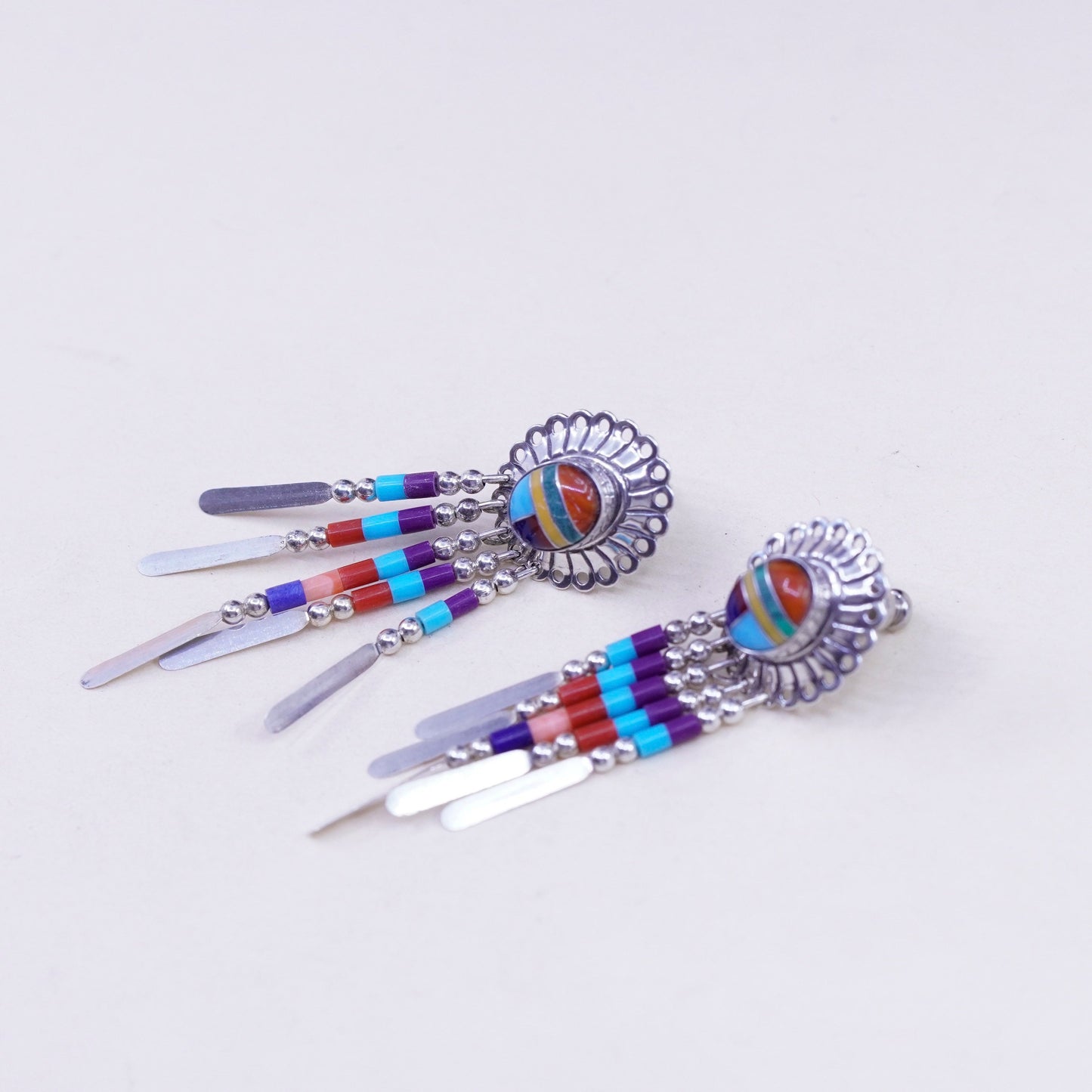 QT Native American sterling silver handmade earrings, 925 fringe, Zuni, Navajo