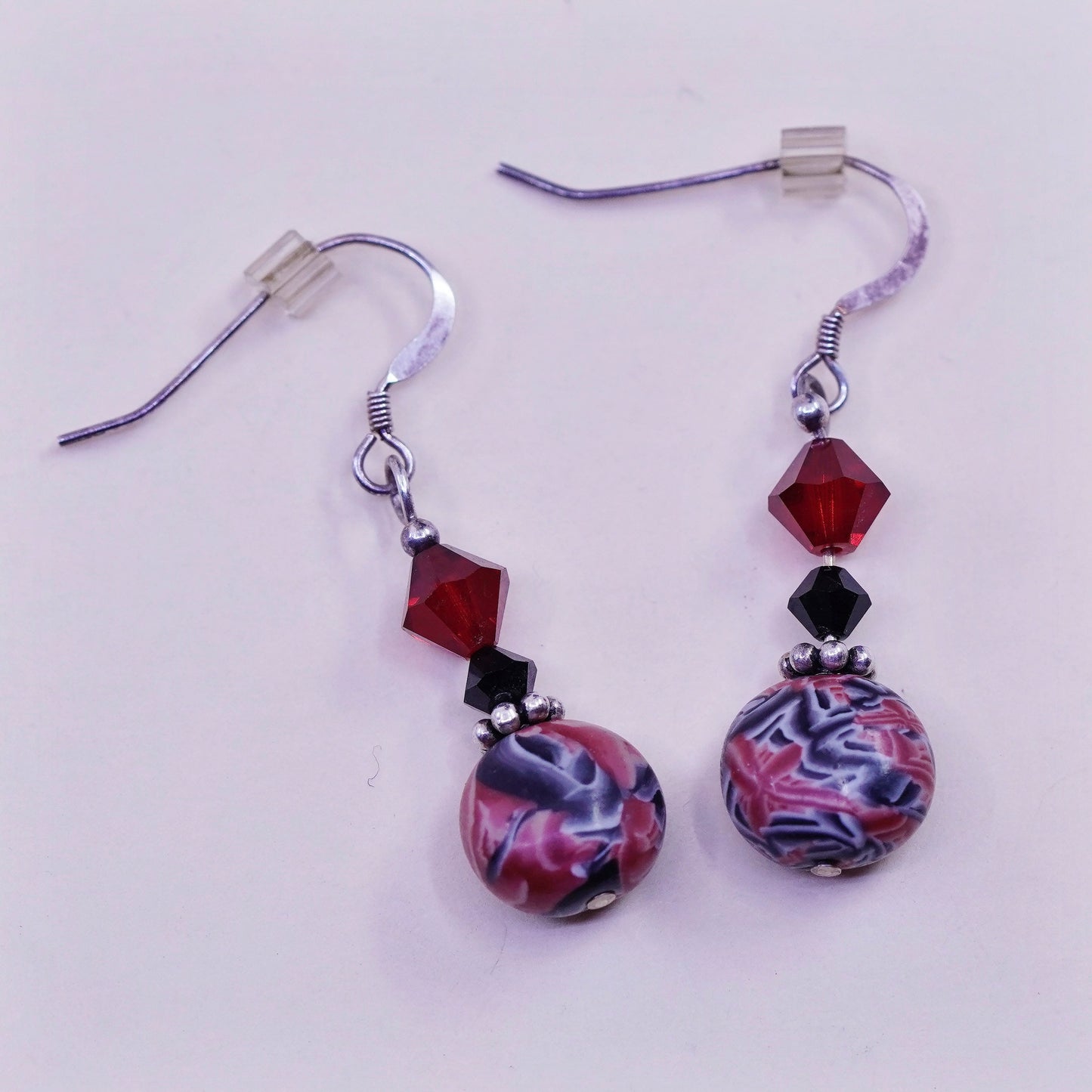 Vintage sterling silver handmade earrings with red crystal beads and resin