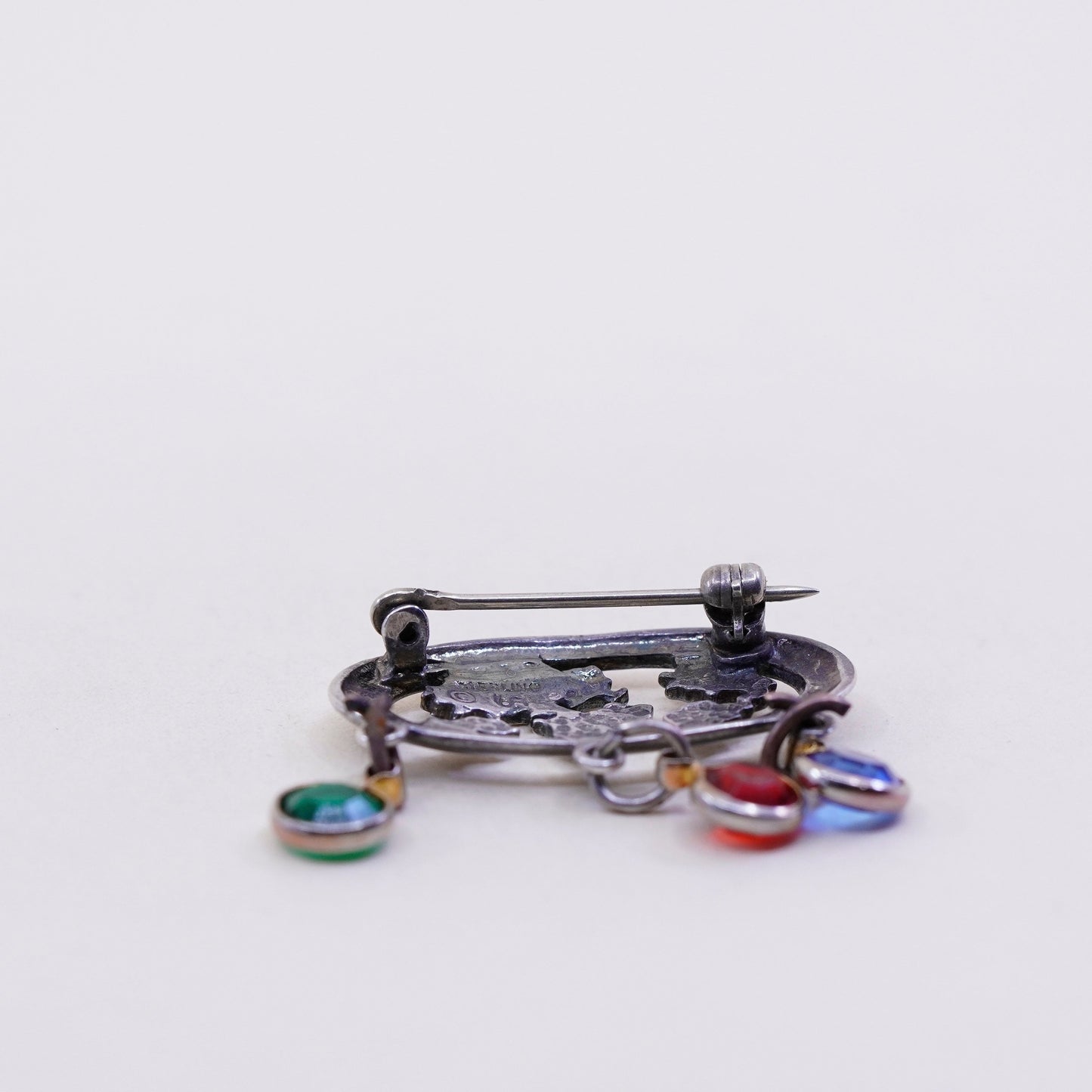 Vintage sterling silver handmade brooch, 925 world map with colorful crystal