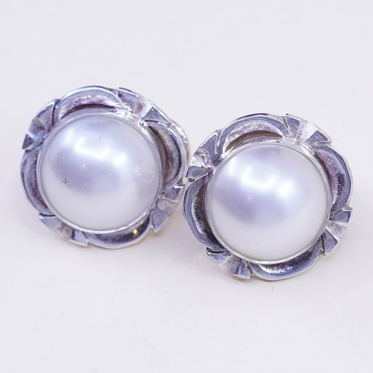 Vintage Sterling silver handmade earrings, 925 flower studs with pearl