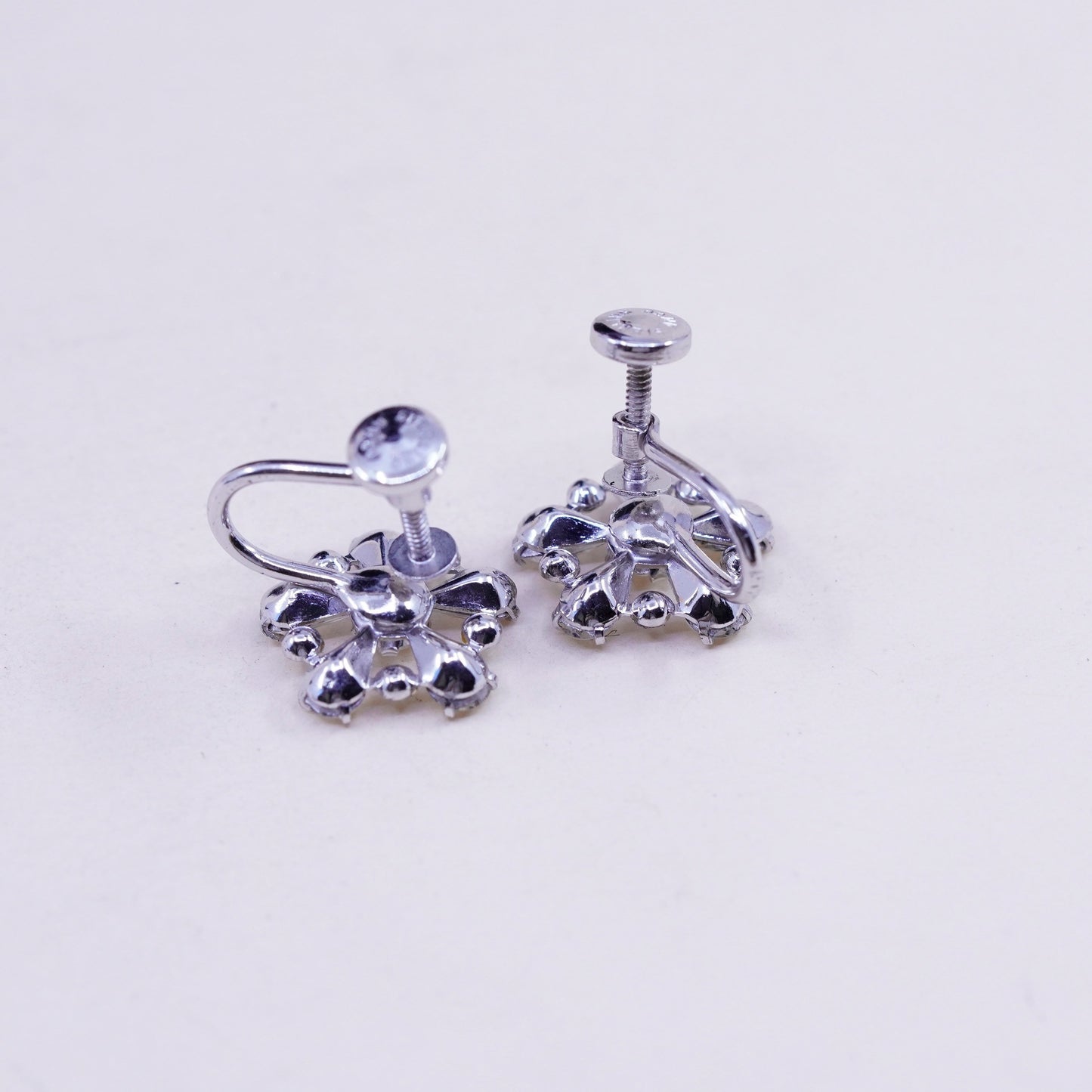 1950s vtg sterling 925 silver earrings flower screw back earrings rhinestone