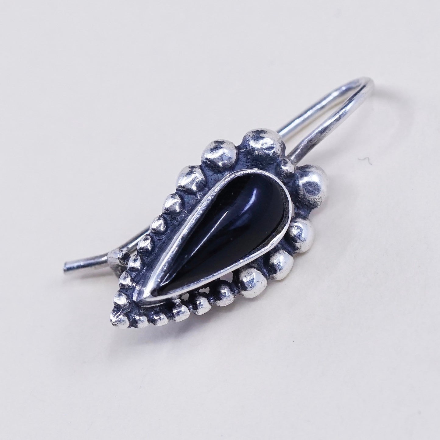 Vintage Sterling silver handmade earrings, 925 teardrop obsidian with beads