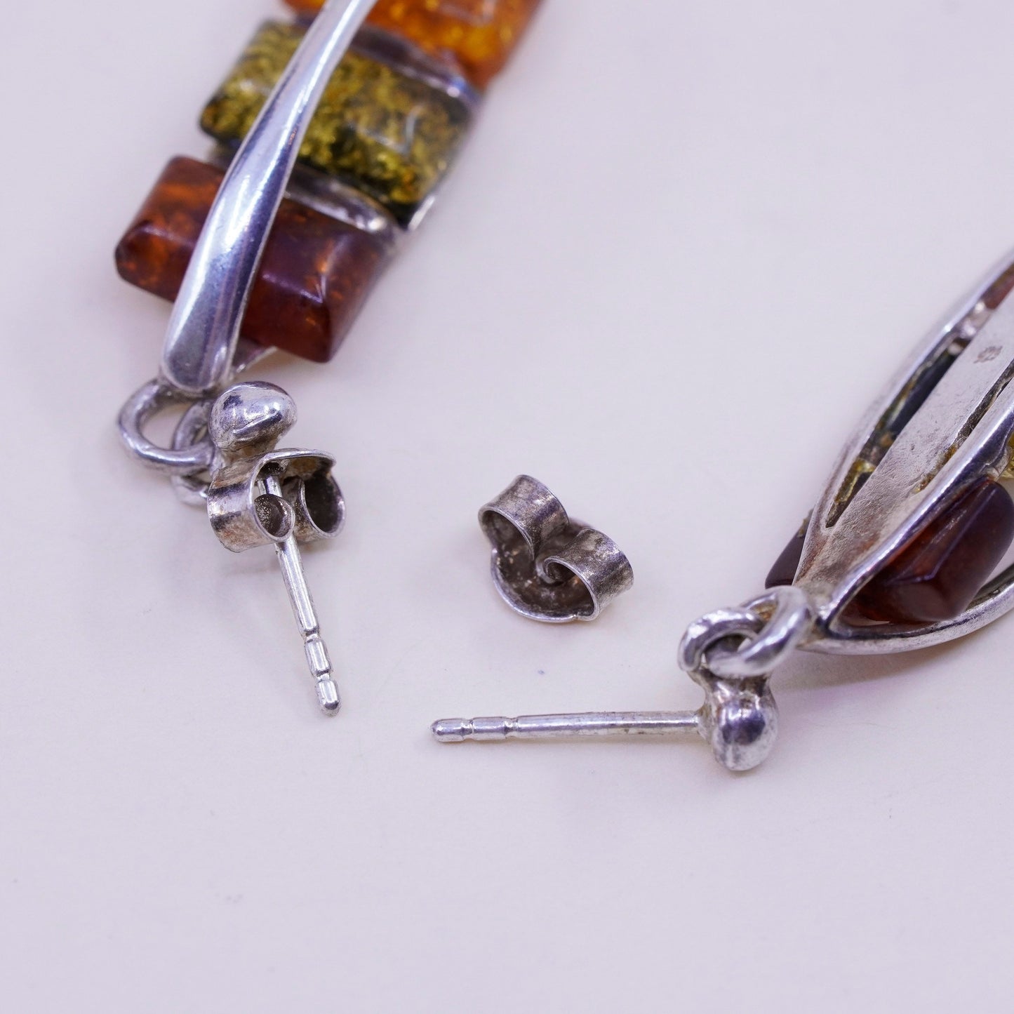 Vintage Sterling silver handmade earrings, 925 rectangular dangles with amber