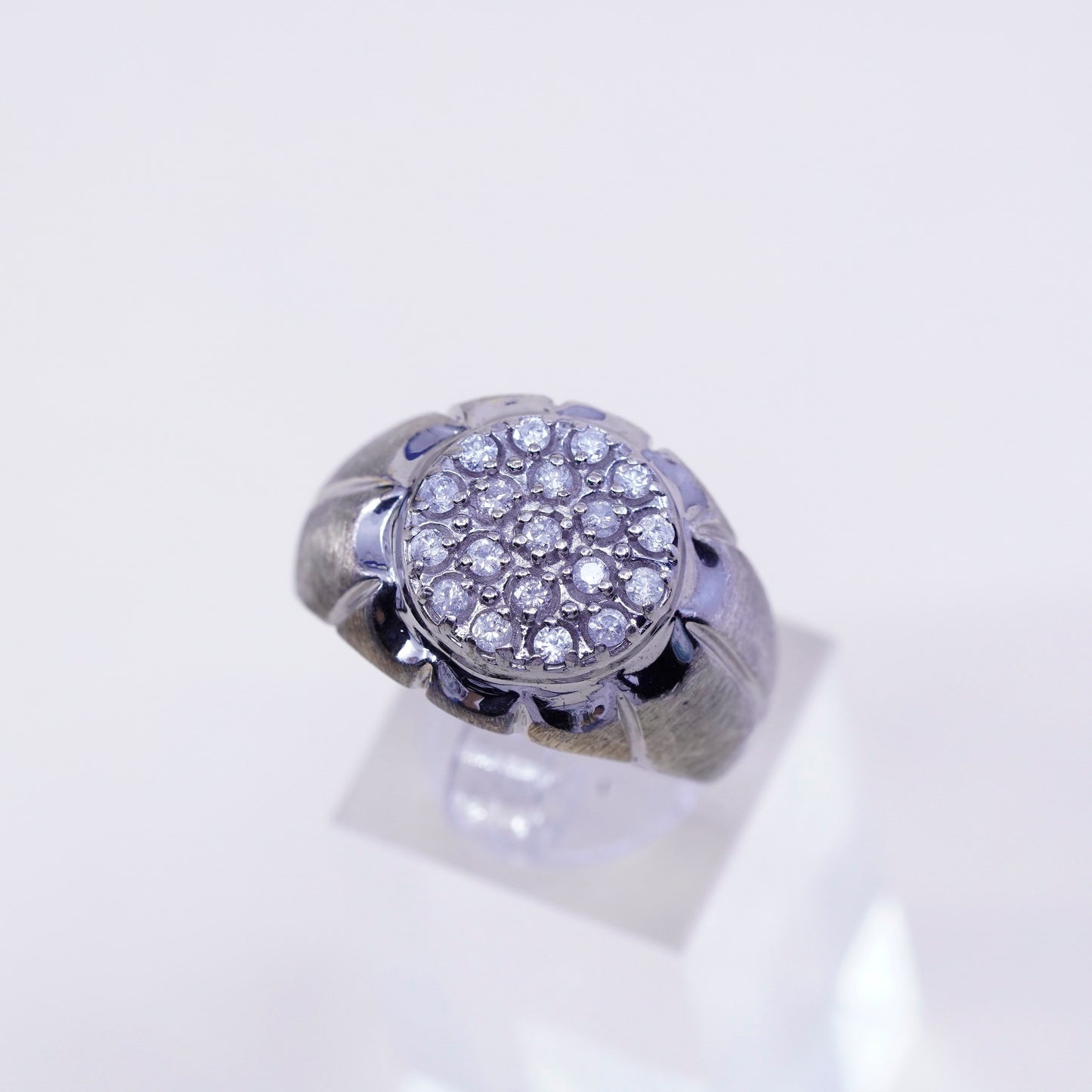 sz 10, vtg textured Sterling 925 silver statement ring w/ cluster real diamond