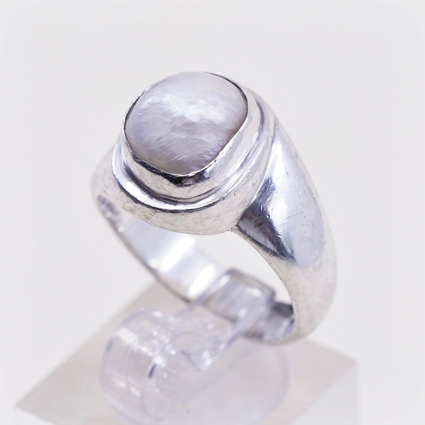 sz 8.5, vtg Sterling silver handmade ring, modern 925 band w//th pearl