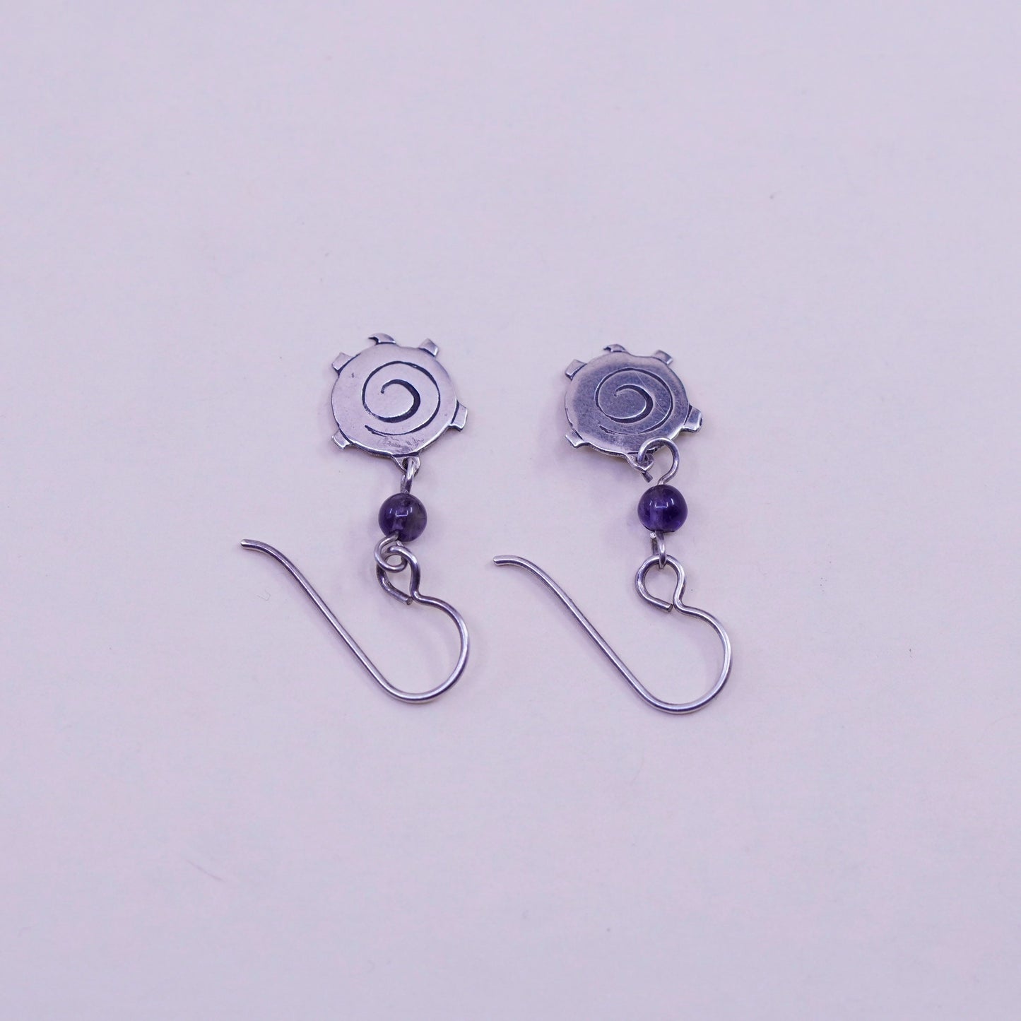 Vintage Sterling silver handmade earrings, 925 swirly dangles with amethyst