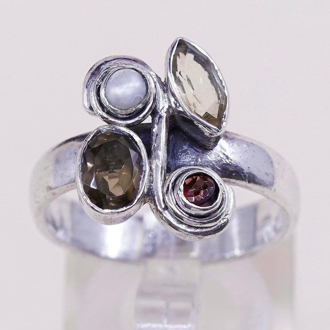 sz 8.5, vtg sterling silver handmade ring, 925 ring w/ topaz, citrine, pearl