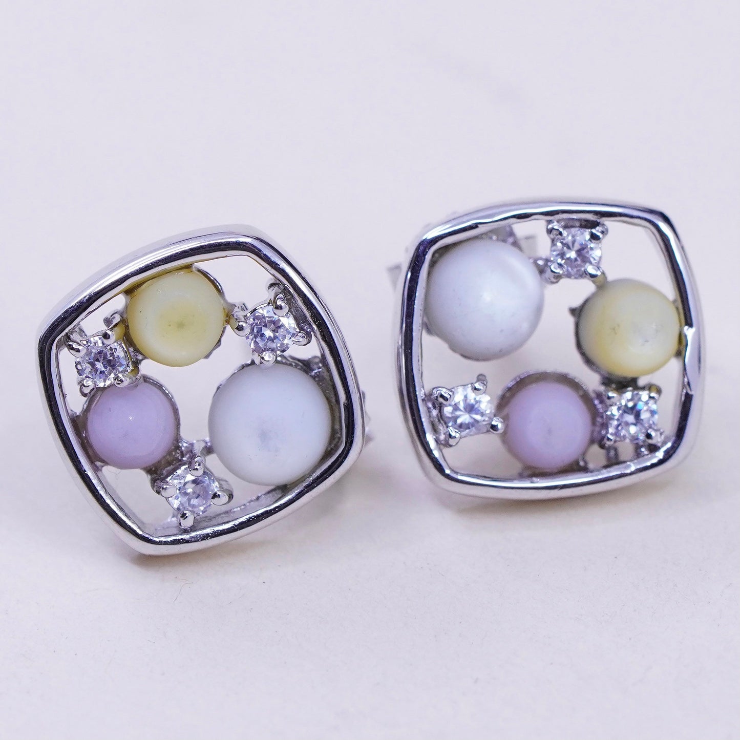 Vintage sterling 925 silver studs, square earrings with moonstone and cz