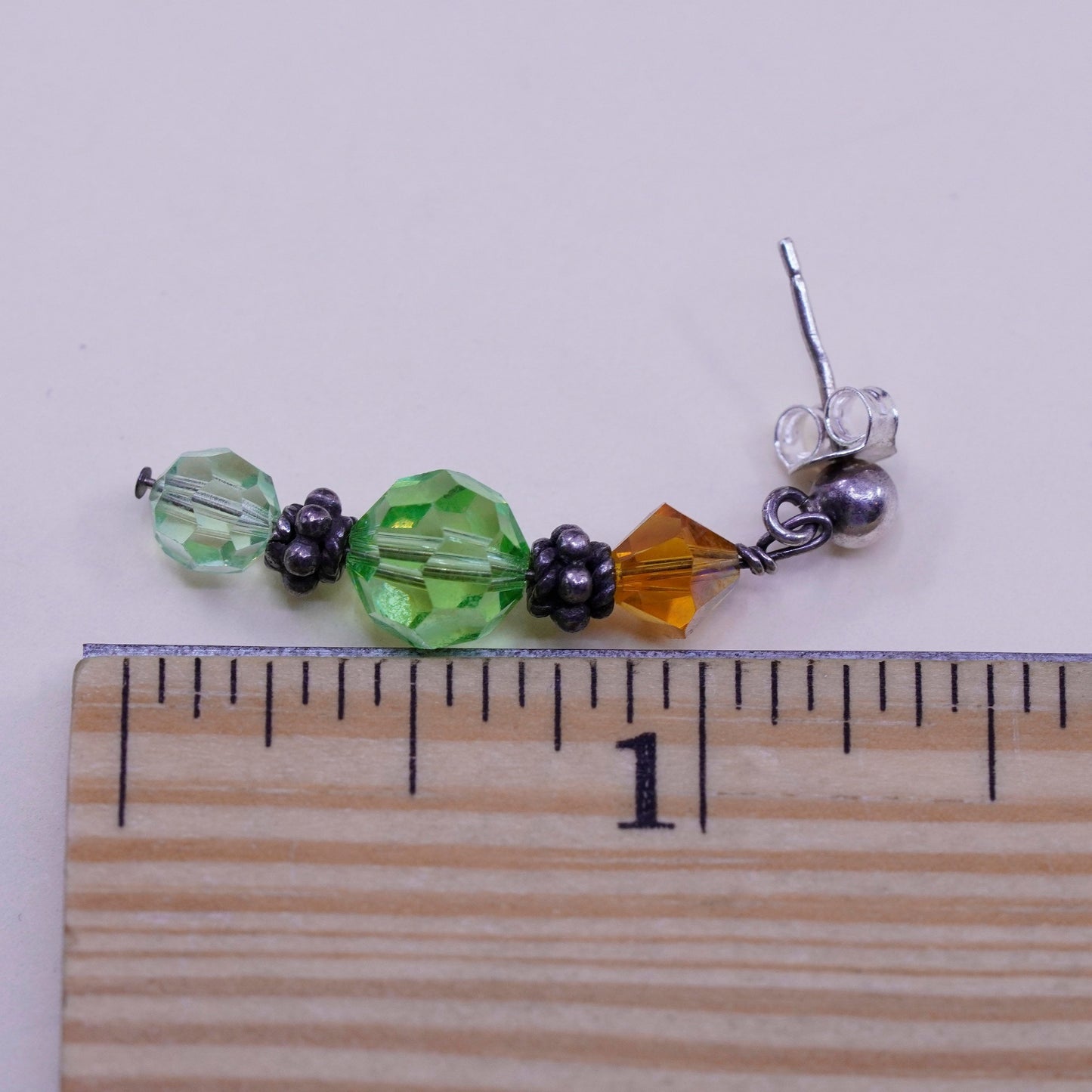 Vintage Sterling silver handmade earrings, 925 posts with green crystal