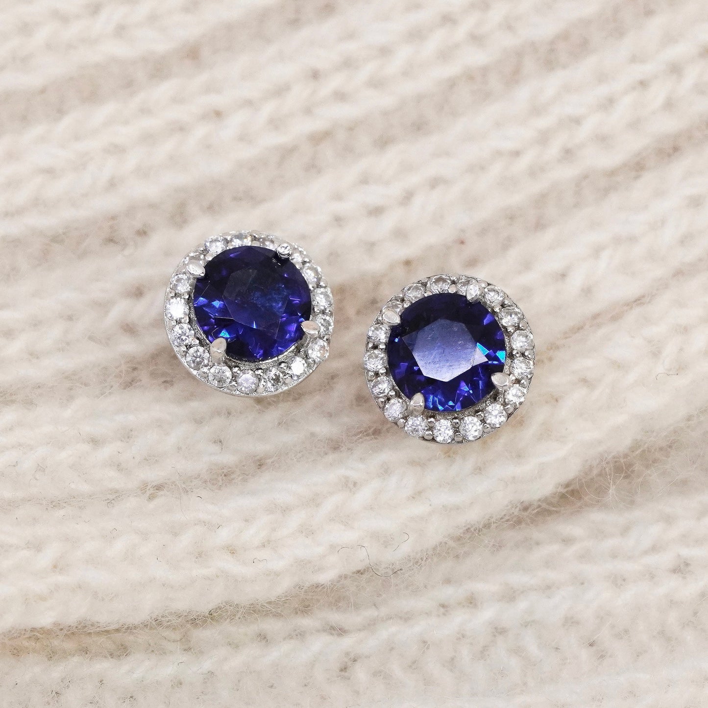 Vintage Sterling silver handmade earrings, 925 studs with sapphire cluster Cz