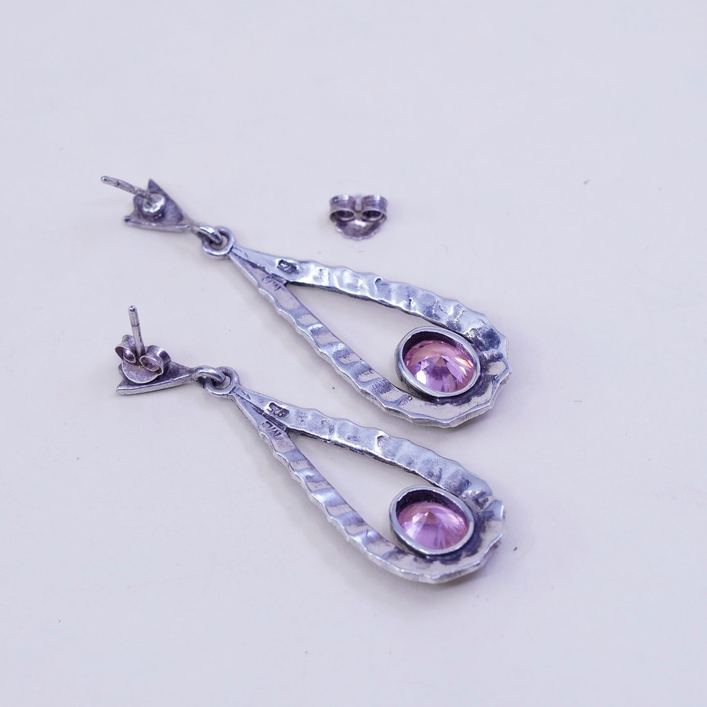 vtg Sterling silver handmade earrings, 925 teardrop with pink crystal marcasite