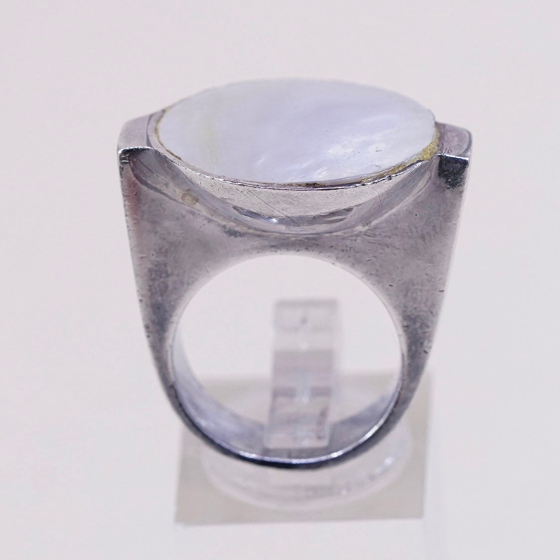 sz 6, vtg sterling 925 silver handmade cocktail ring, w/ MOP inlay, stamped 925