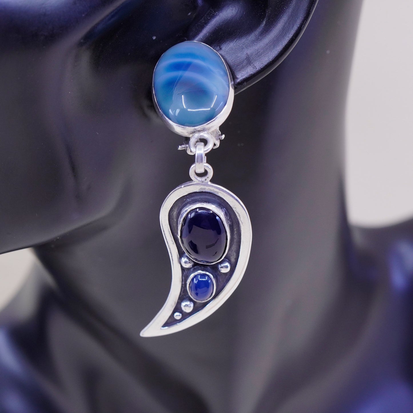 Vintage Sterling 925 silver handmade earrings with blue agate N obsidian lapis