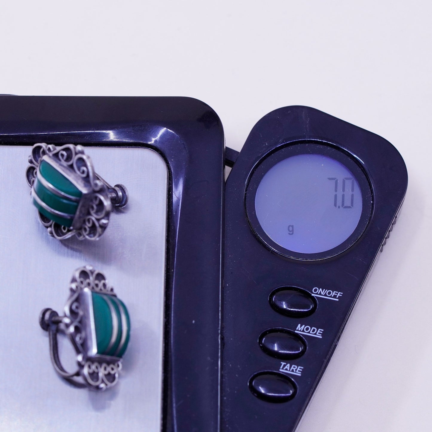 Vintage sterling 925 silver handmade screw back earrings with jade inlay