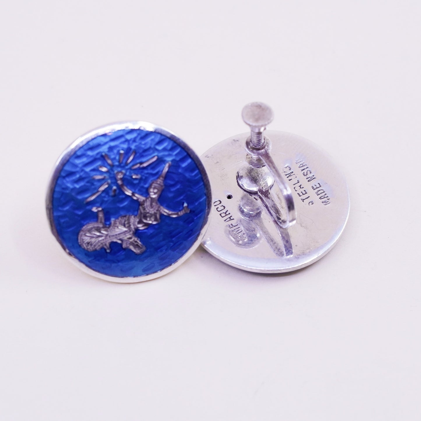 AMF arco Sterling silver handmade earrings 925 enamel screw back Indian goddess