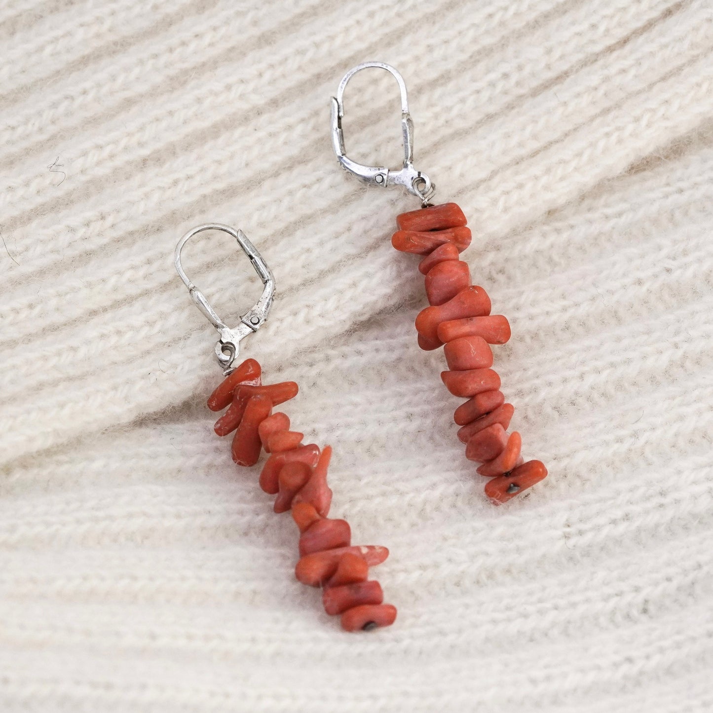 Vintage Sterling 925 silver handmade earrings with cluster coral beads