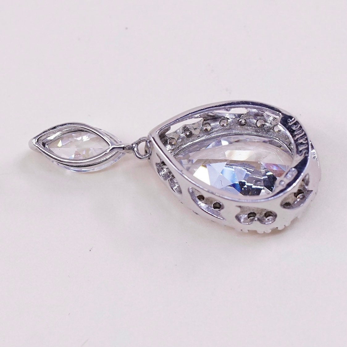 VTG Stauer Clear Diamondaura Pendant Necklace 5.8 Tcw .925 Sterling Silver teardrop