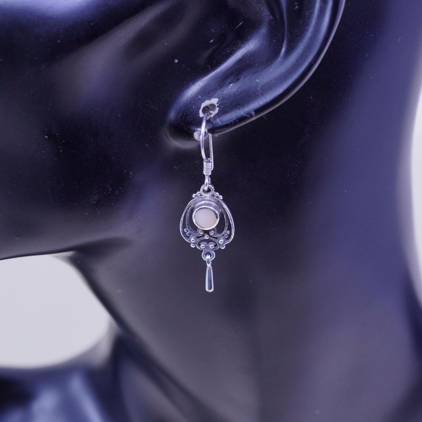 Boma sterling silver handmade earrings, 925 filigree dangles w/ white MOP