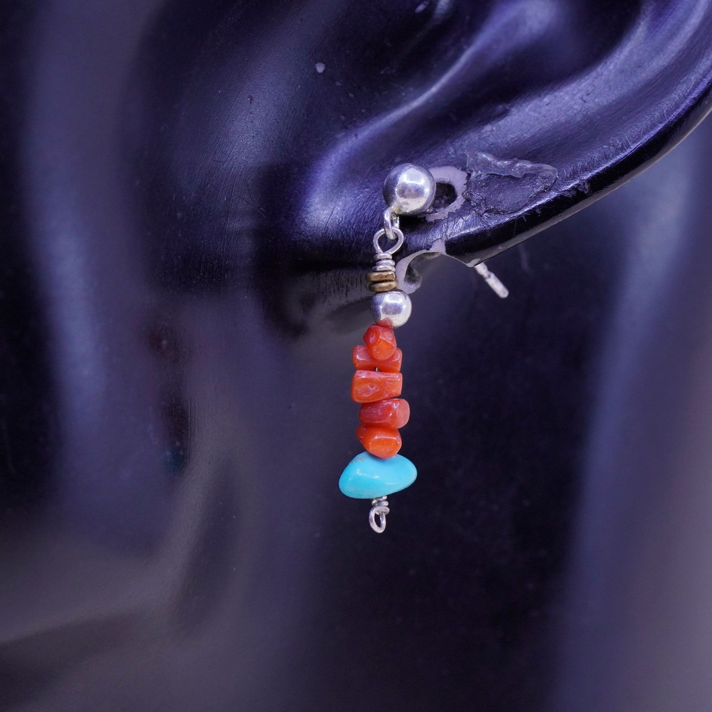 Vintage Sterling 925 silver handmade earrings with turquoise and coral beads