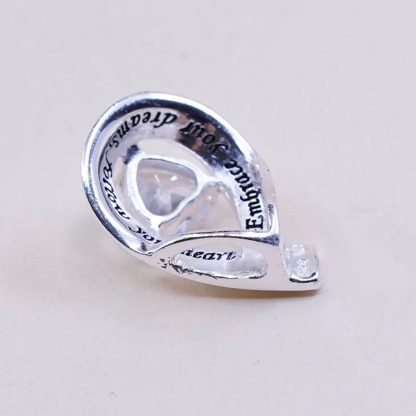 Sterling silver pendant, 925 w/ teardrop crystal “embrace dreams, follow heart”