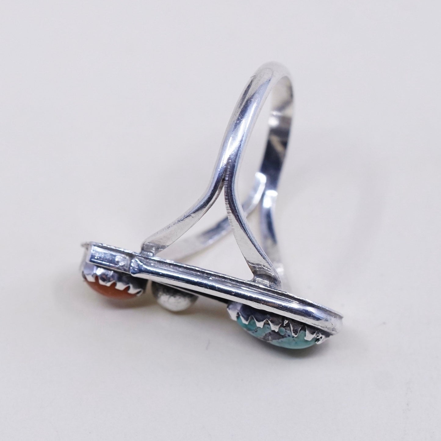 sz 6, vtg sterling 925 silver Native American Navajo ring w/ turquoise, coral