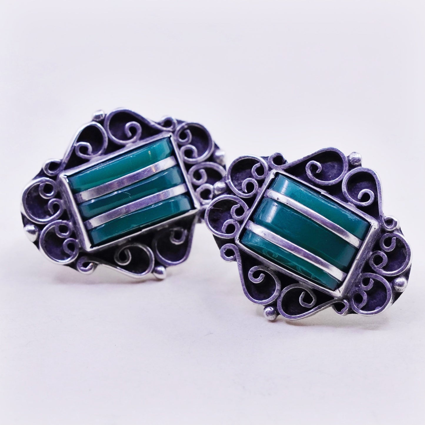 Vintage sterling 925 silver handmade screw back earrings with jade inlay
