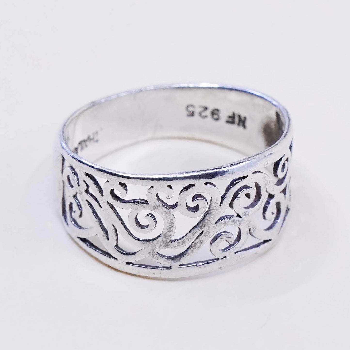 Size 7.25, vintage sterling silver handmade ring, 925 band with whirl filigree