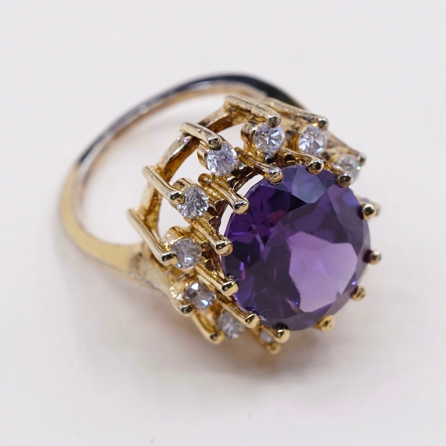 sz 7, Vermeil gold over sterling silver 925 cocktail ring with amethyst and Cz