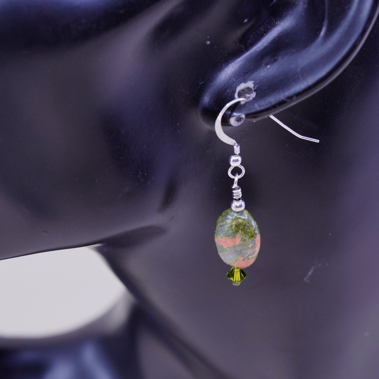 Vintage Sterling 925 silver handmade earrings with green jasper drops, stamped 925