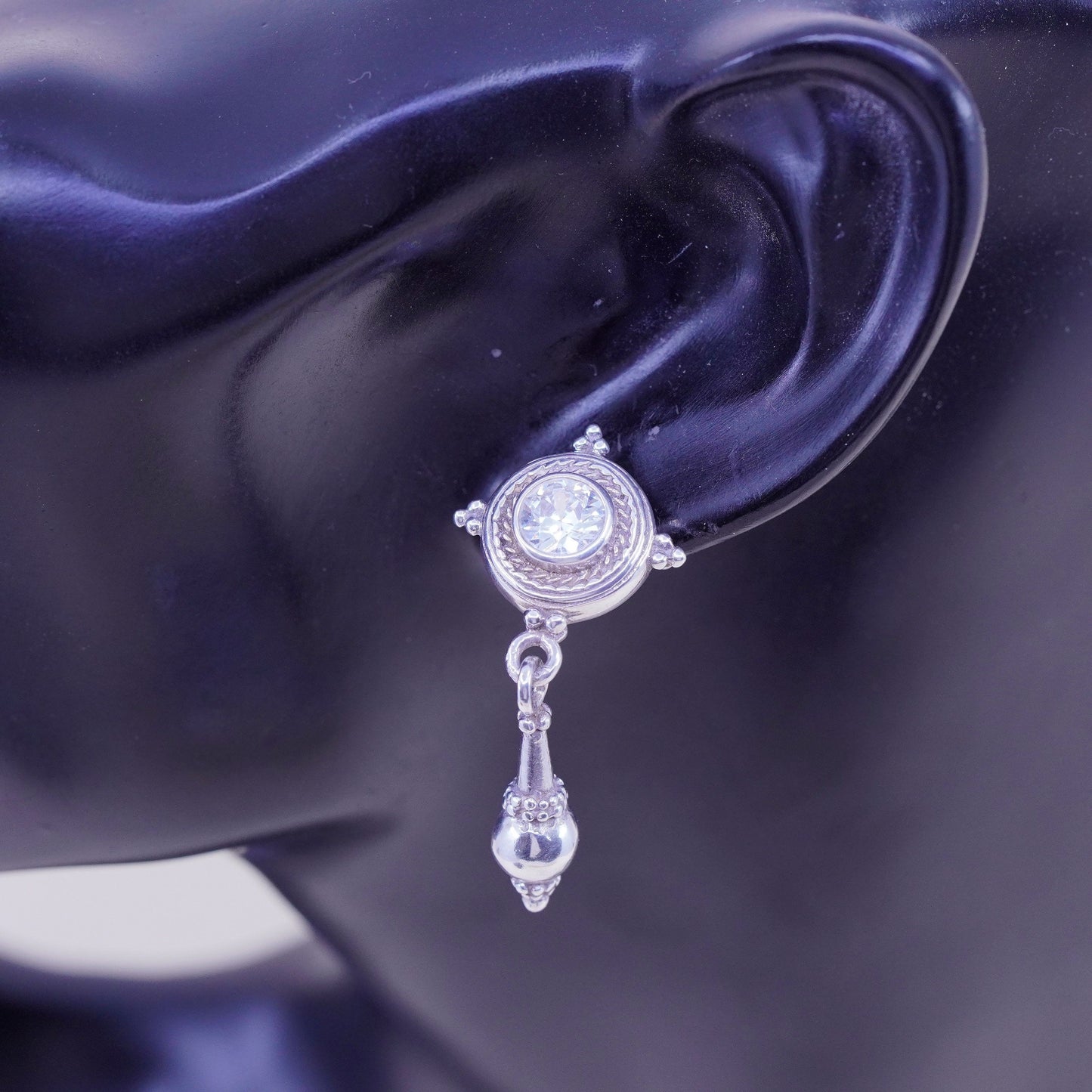 Vintage sterling 925 silver handmade earrings with round CZ and cable