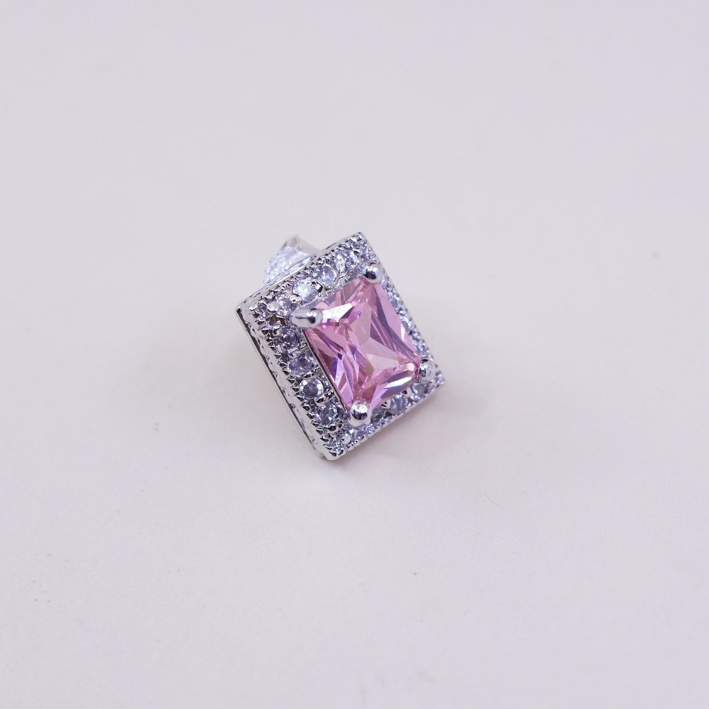 Vintage sterling silver handmade earrings, 925 square studs with pink Cz