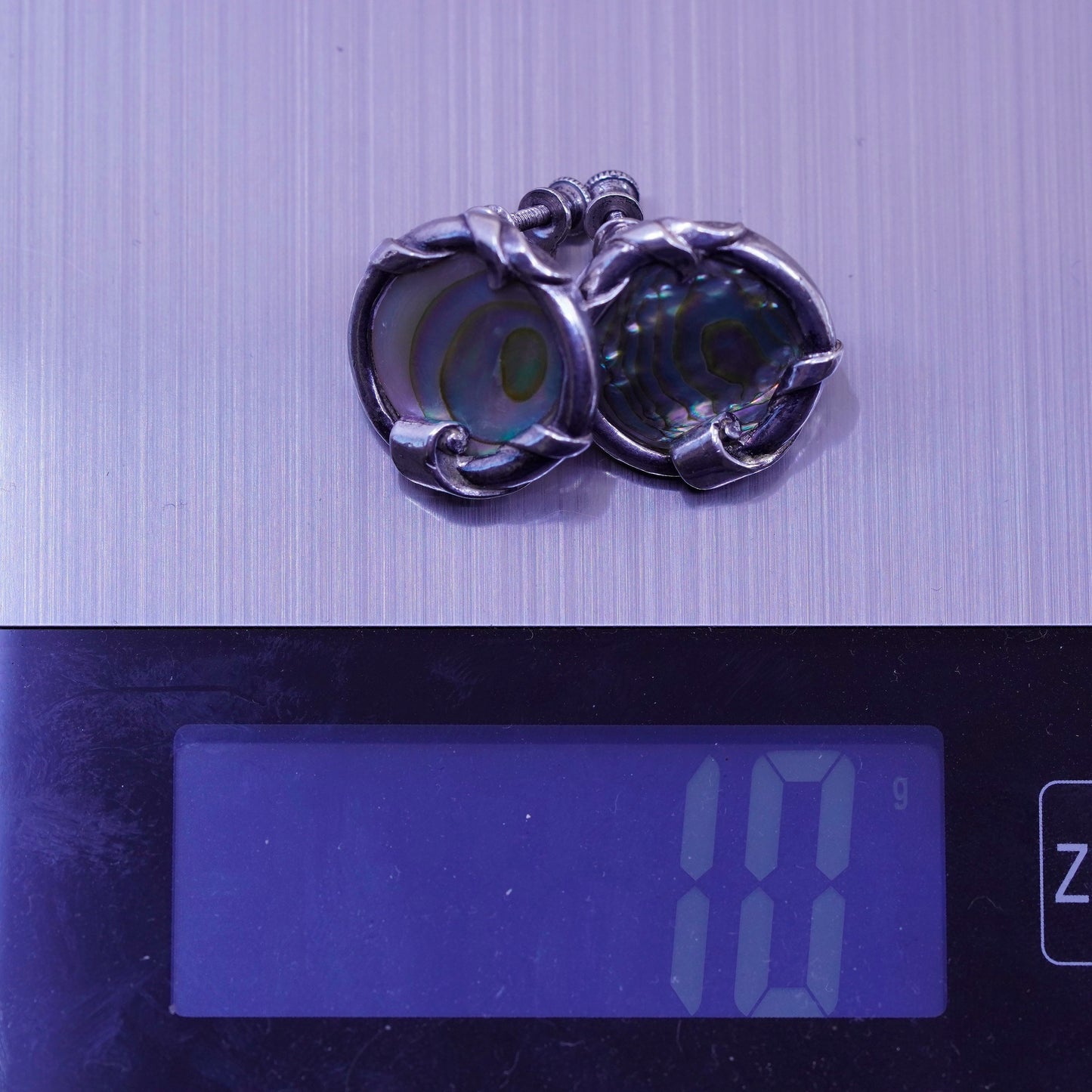 Vintage sterling 925 silver handmade screw back earrings with abalone
