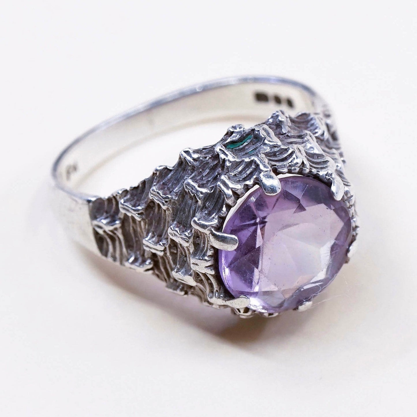 Size 6, vintage Sterling 925 silver handmade crown ring with amethyst