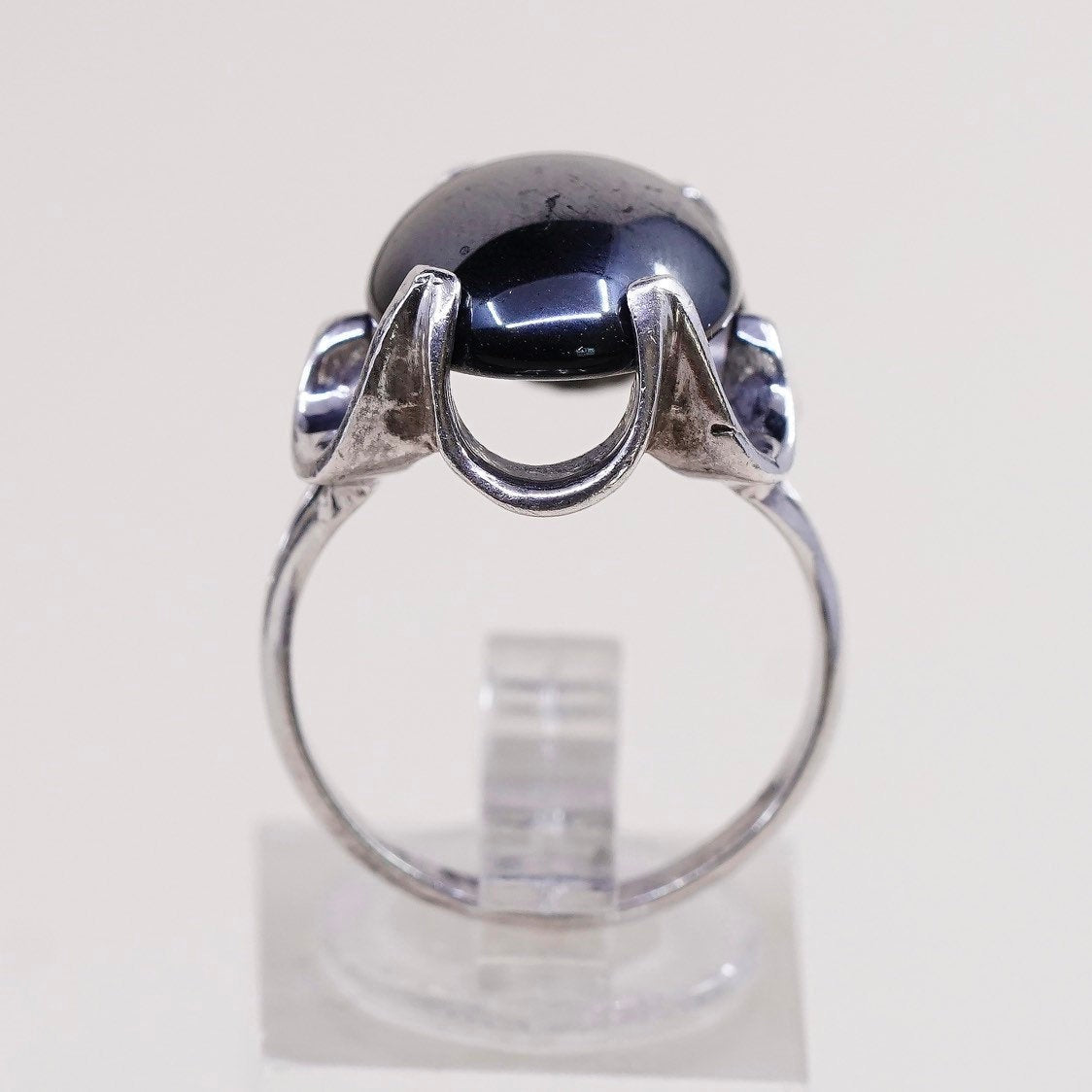 sz 5.75, vtg sterling silver handmade ring, mexico 925 flower w/ hematite bead