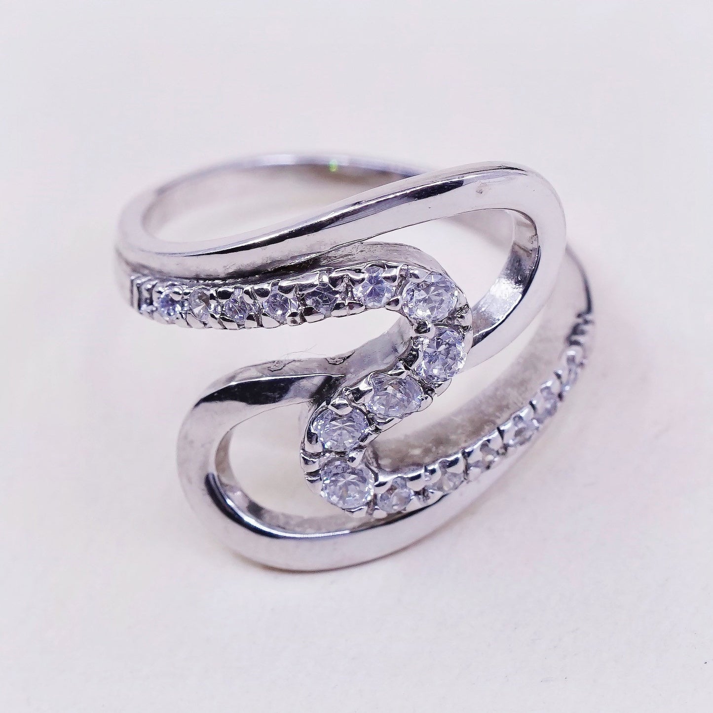 Size 7.25, Vintage sterling silver handmade wavy ring, engagement ring with cz