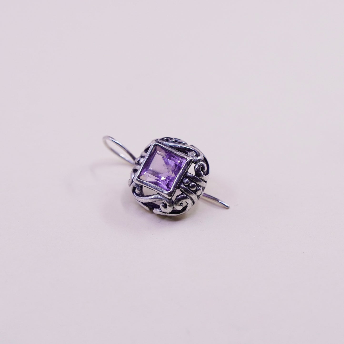 Vintage sterling silver handmade earrings, 925 filigree drops with amethyst