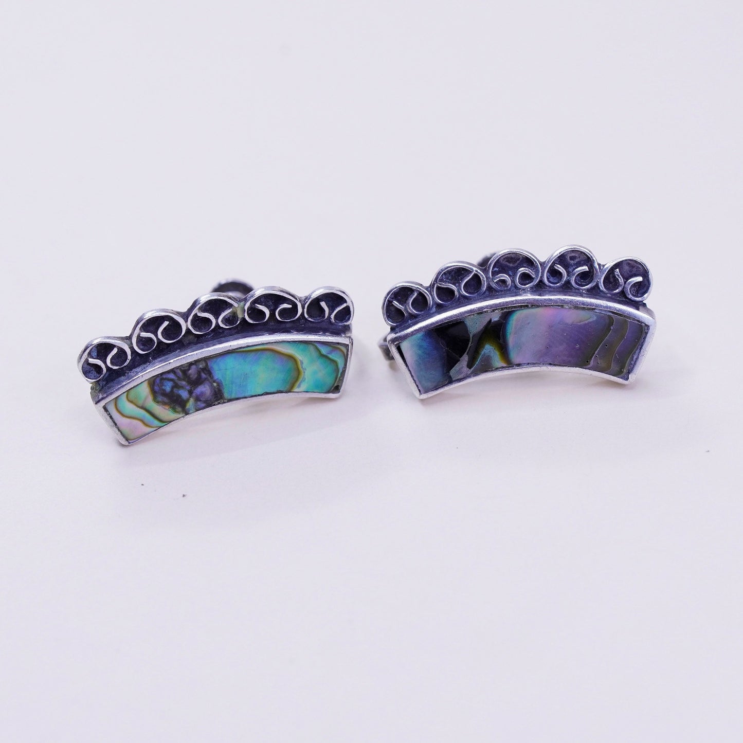 Vintage sterling 925 silver handmade screw back earrings with abalone, stamped silver mexico 20