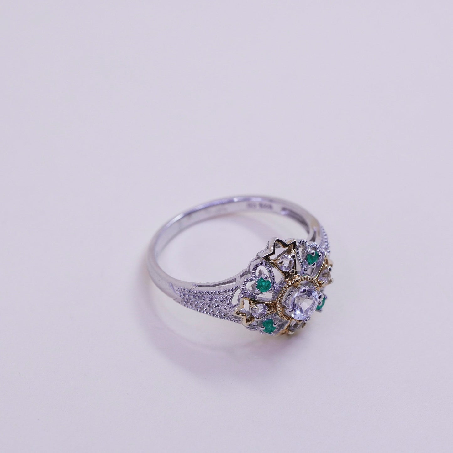 Size 9.25, vtg sterling 925 silver filigree engagement ring with peridot and cz