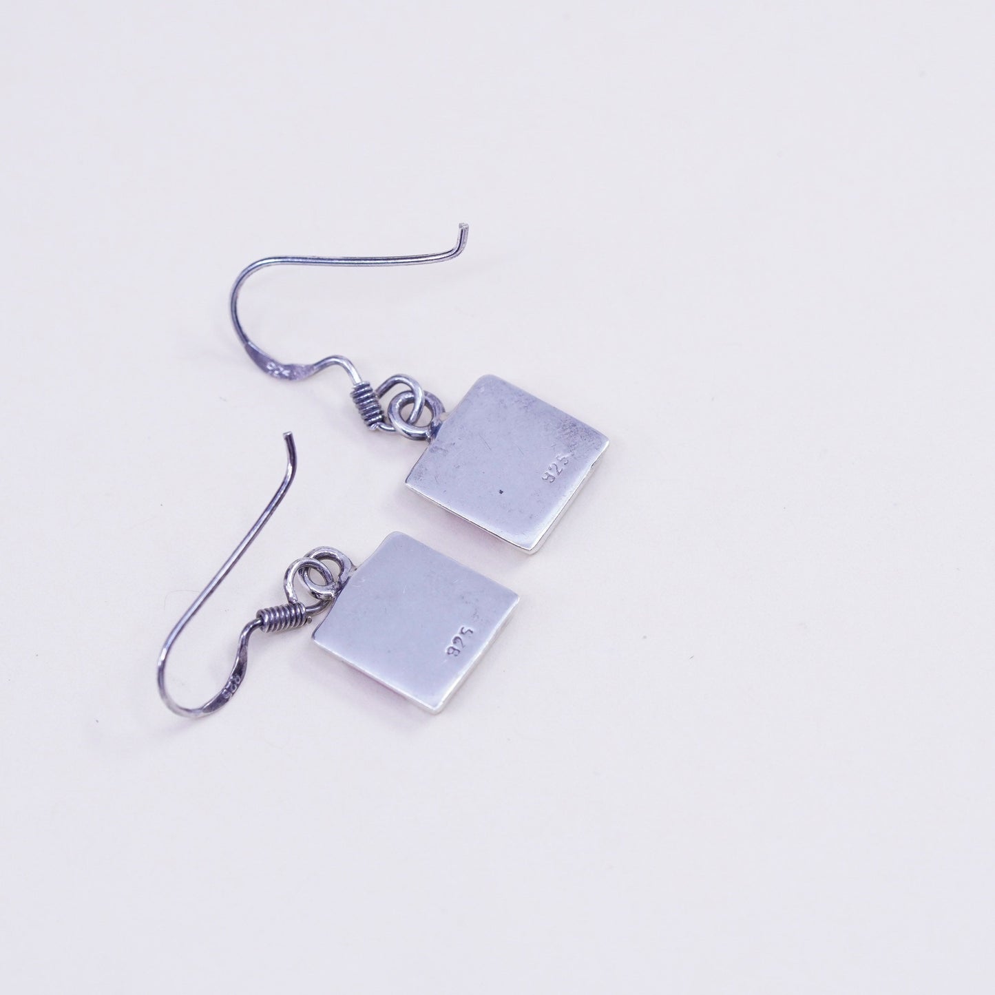 Vintage sterling 925 silver handmade earrings with square pink mother of pearl