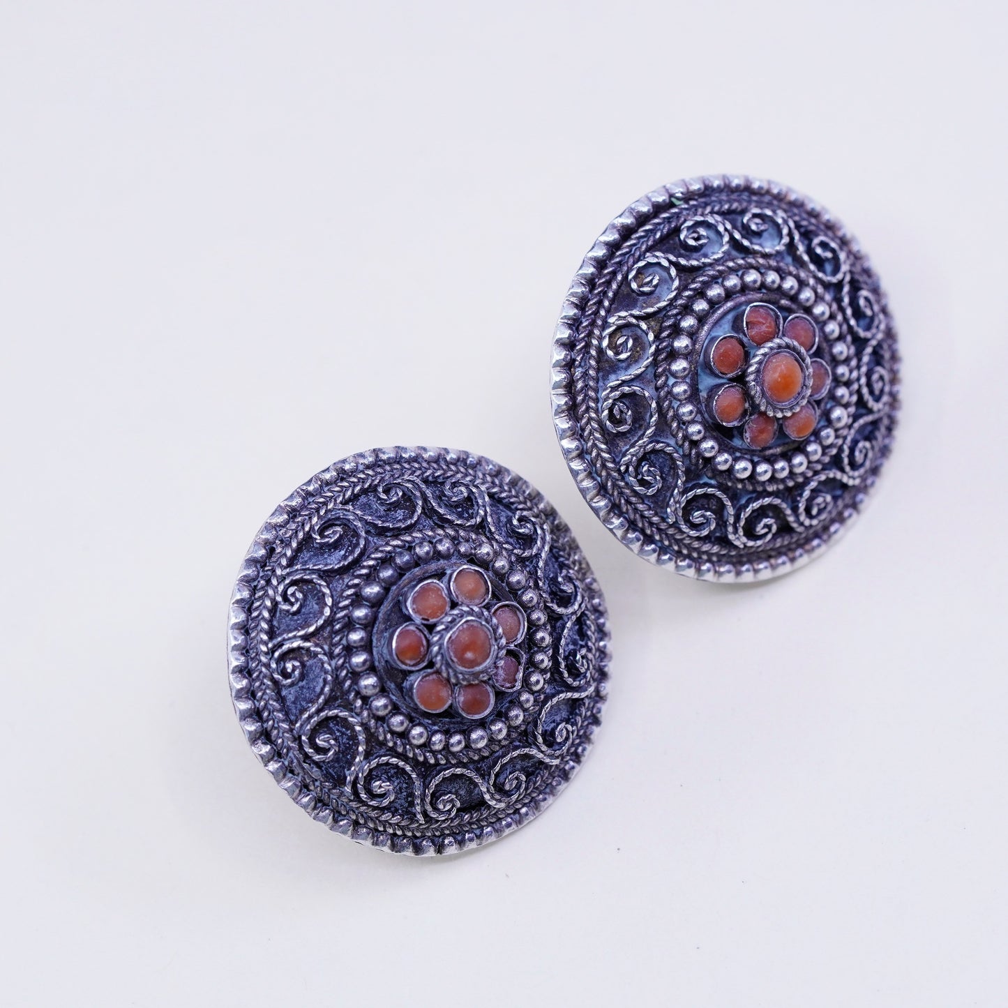 vtg sterling silver handmade earrings, 925 filigree circle studs with red coral
