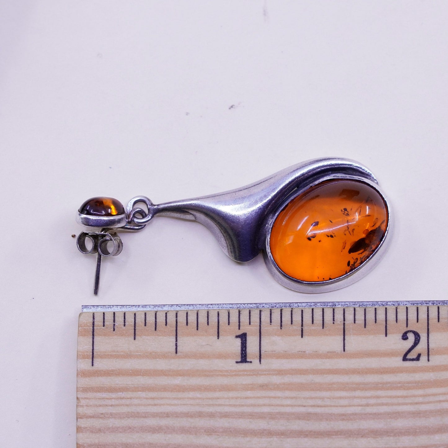 Vintage Sterling silver handmade earrings, 925 teardrop dangles with amber