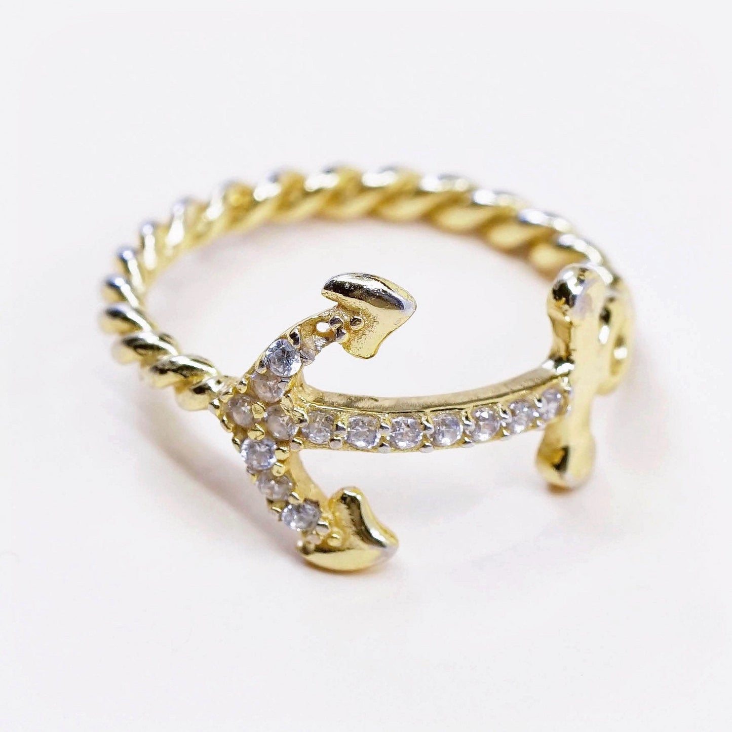Size 6.75, vtg vermeil gold Sterling silver ring, 925 anchor band w/ cluster Cz