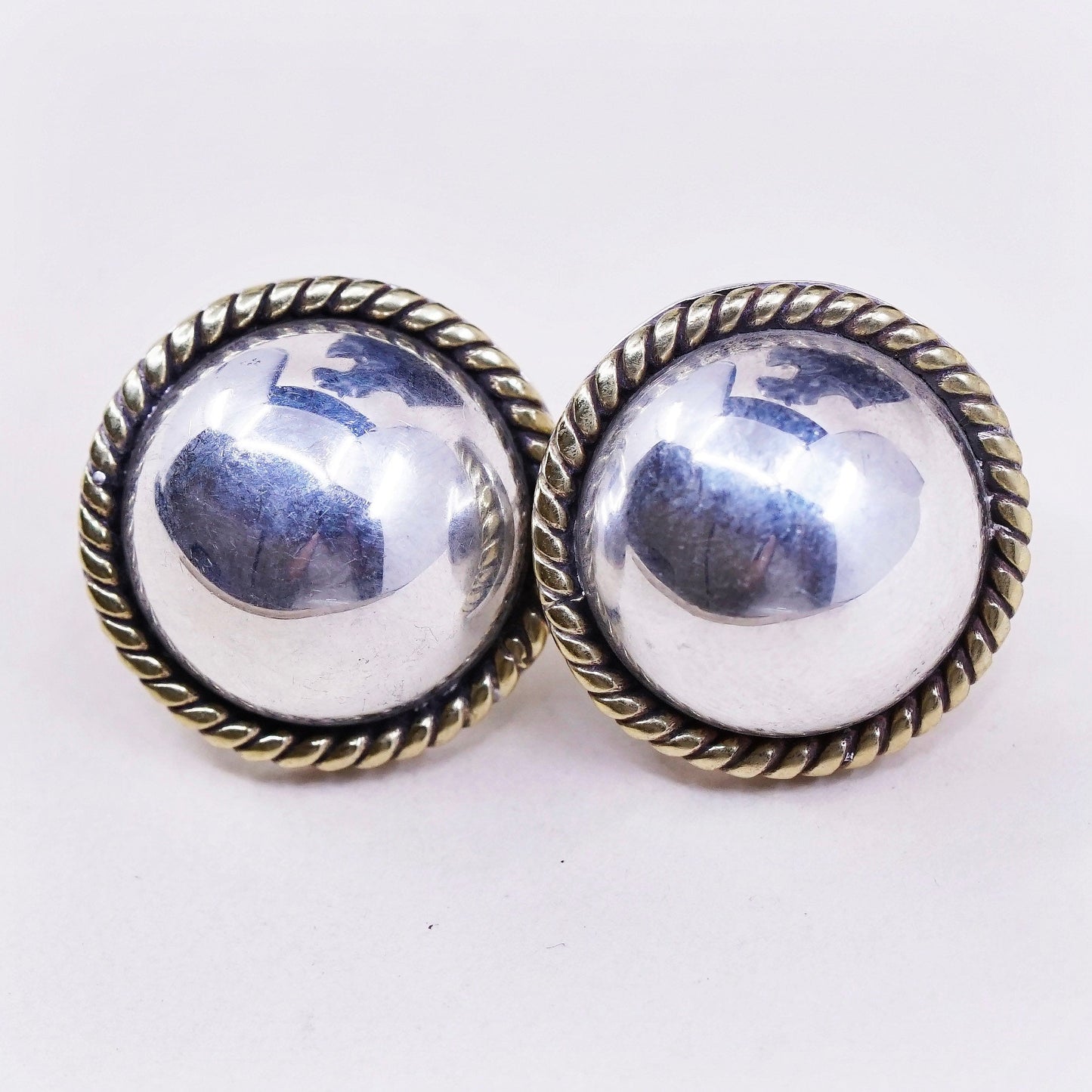 0.5”, vtg sterling silver button studs, handmade 925 earrings with brass rope