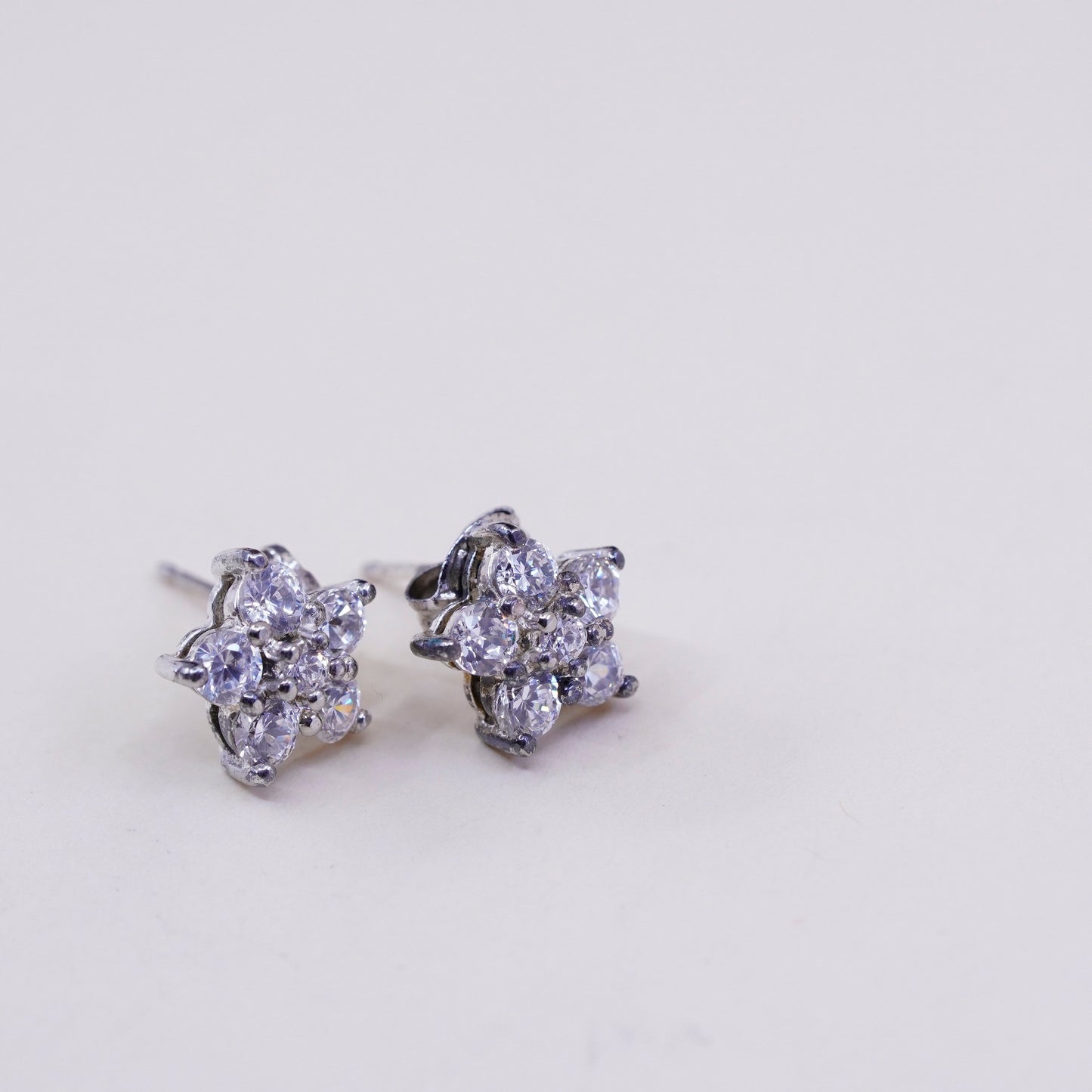 Vintage Sterling silver handmade earrings, 925 flower studs with cz
