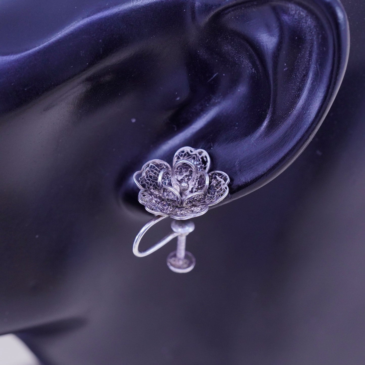 1950s Vintage sterling silver earrings, 925 filigree flower screw back earrings