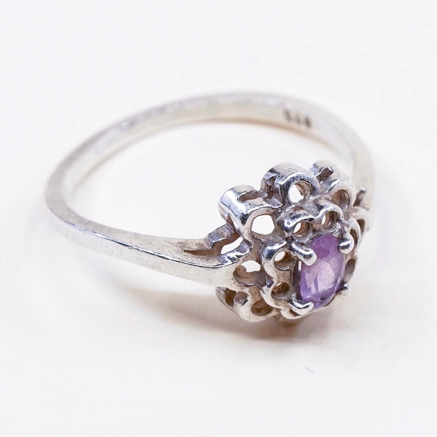 Size 6, vintage Sterling 925 silver handmade crown ring with amethyst