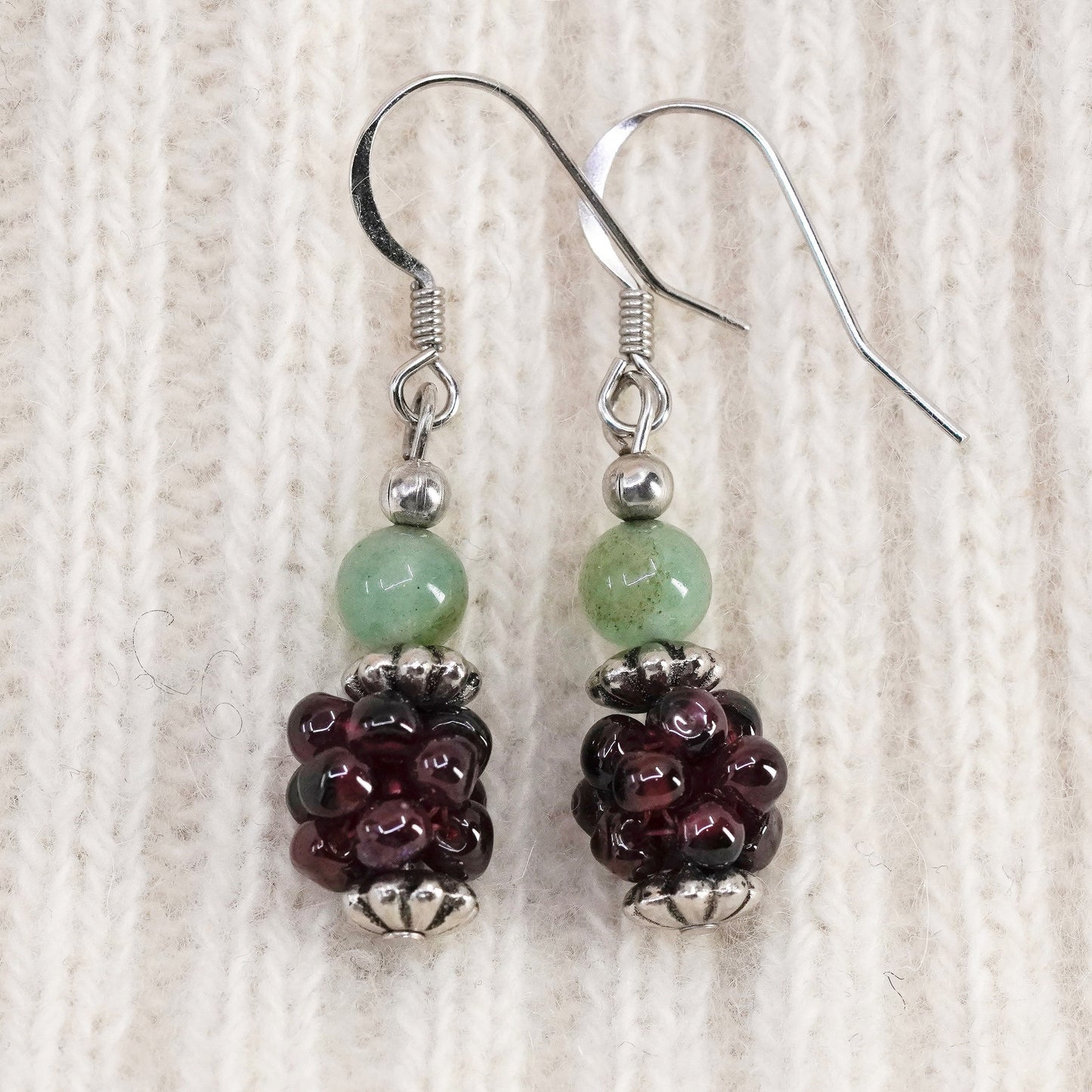 Vintage Sterling silver handmade earrings, 925 hooks with prehnite garnet beads