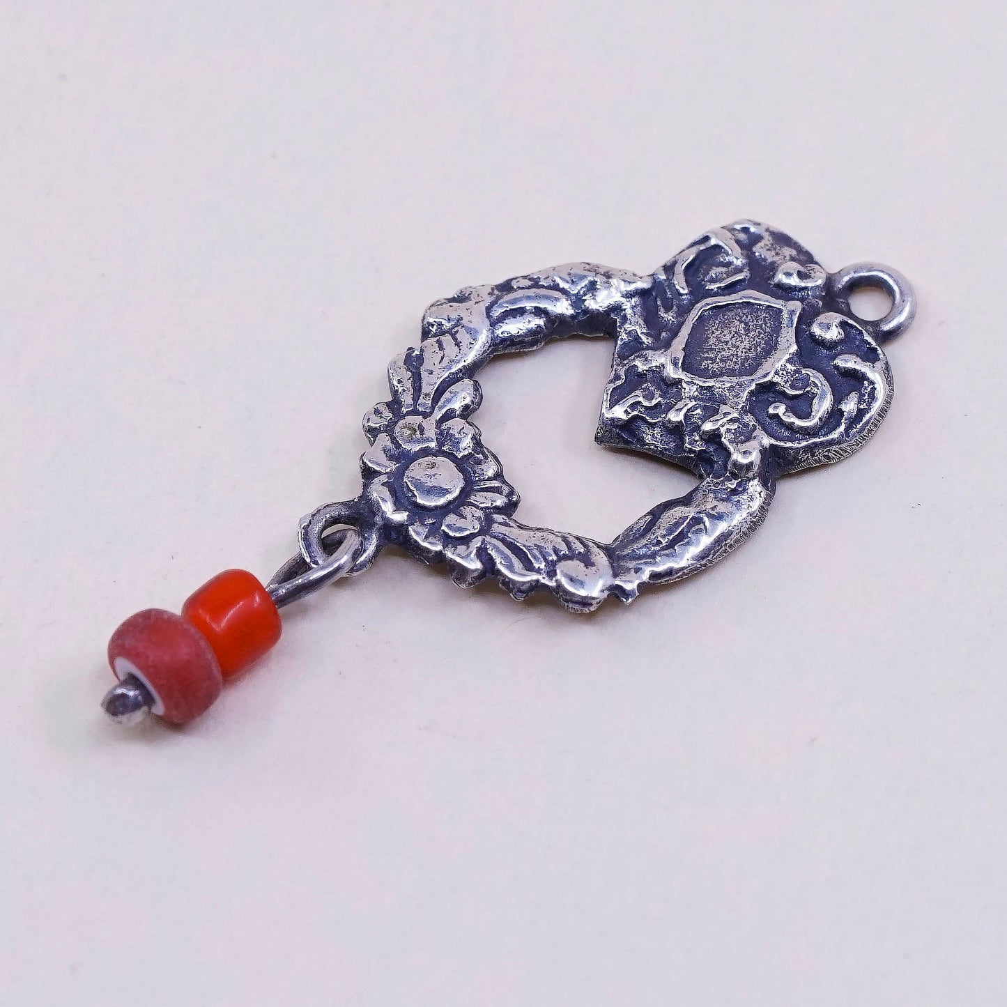 VTG handmade sterling silver charm, 925 heart pendant W/ coral, silver tested