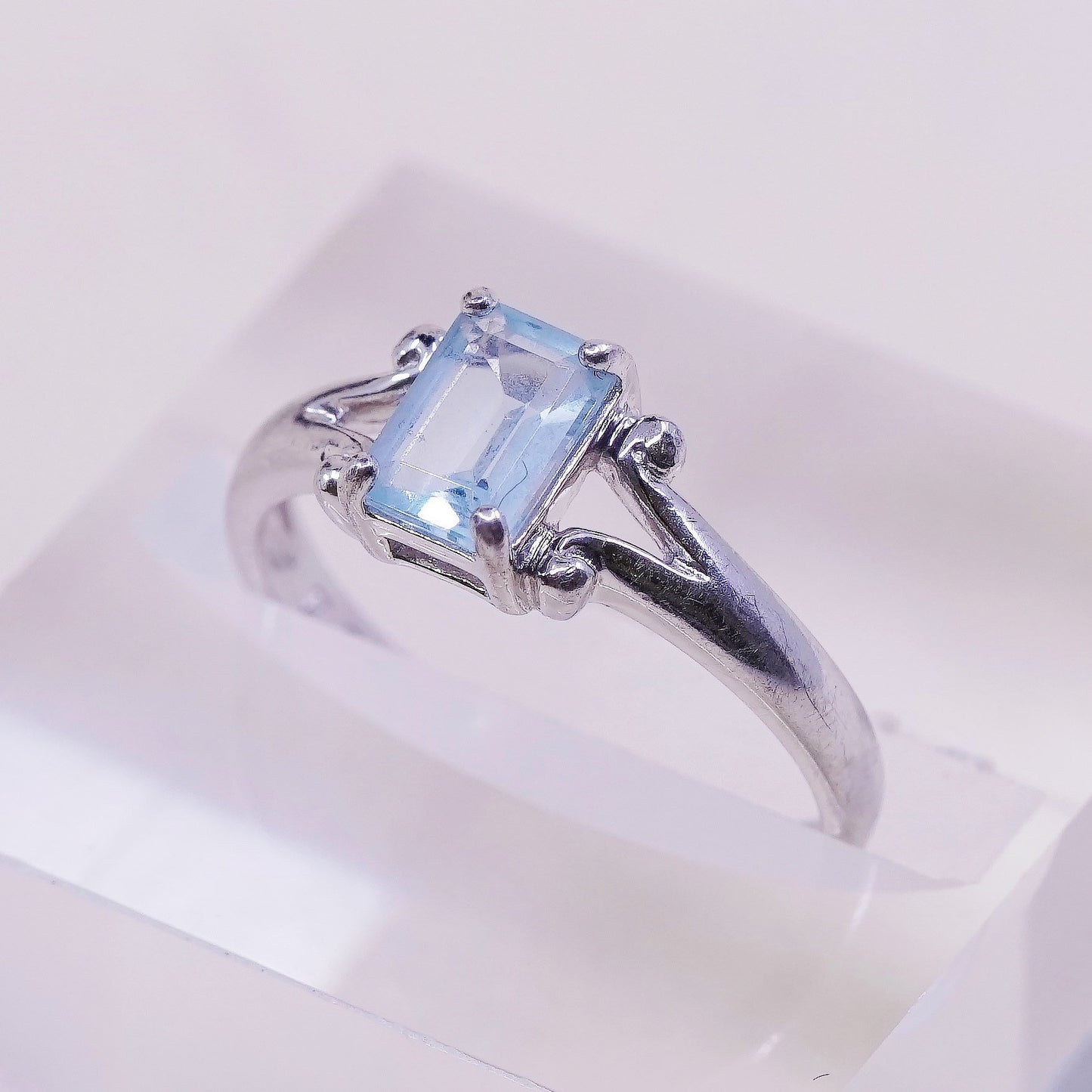 sz 7.25, vtg Sterling silver statement ring, 925 stackable band w/ blue topaz