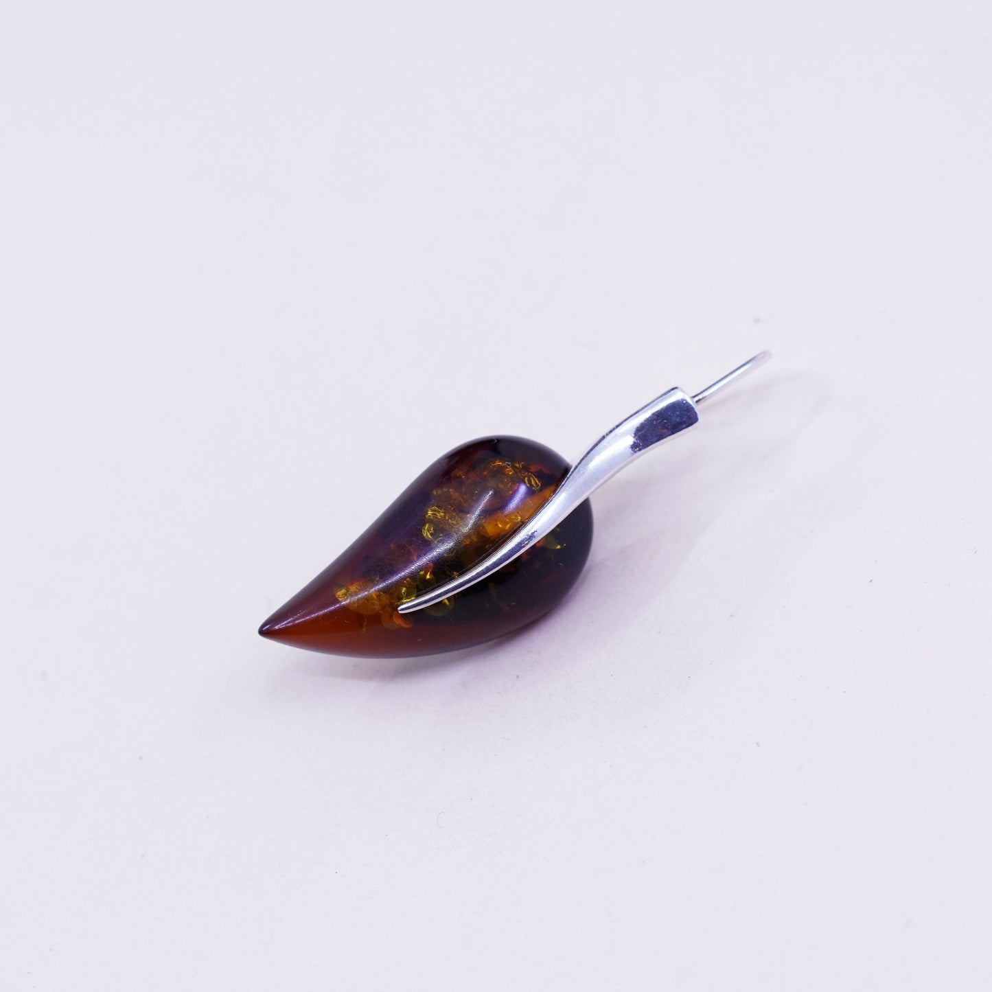 Vintage sterling 925 silver handmade Amber earrings, leaf with honey Amber